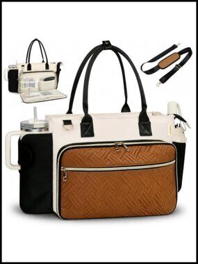Quilted Nylon Laptop Tote Bag 15.6 Inch with Cup Holder Insulated Pocket